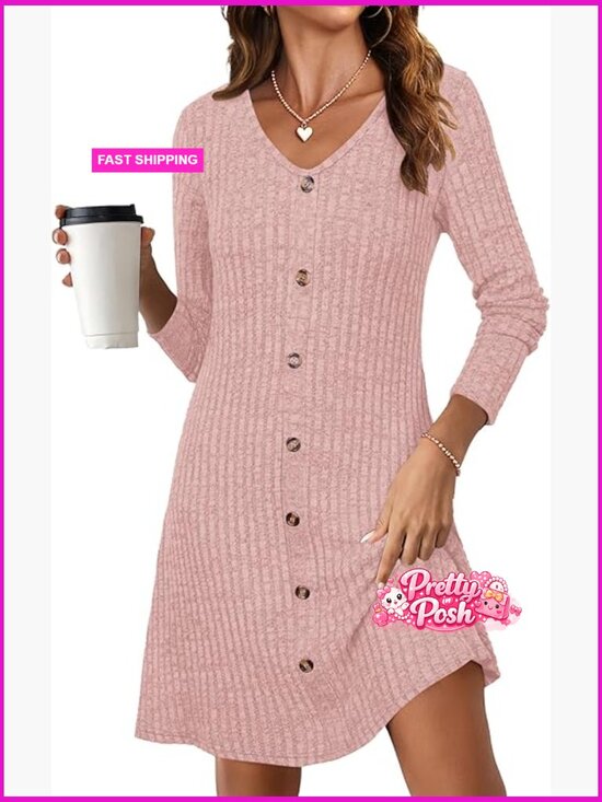Dresses & Skirts - Long Sleeve Ribbed Knit Button Down V Neck Sweater Dress Casual Fall